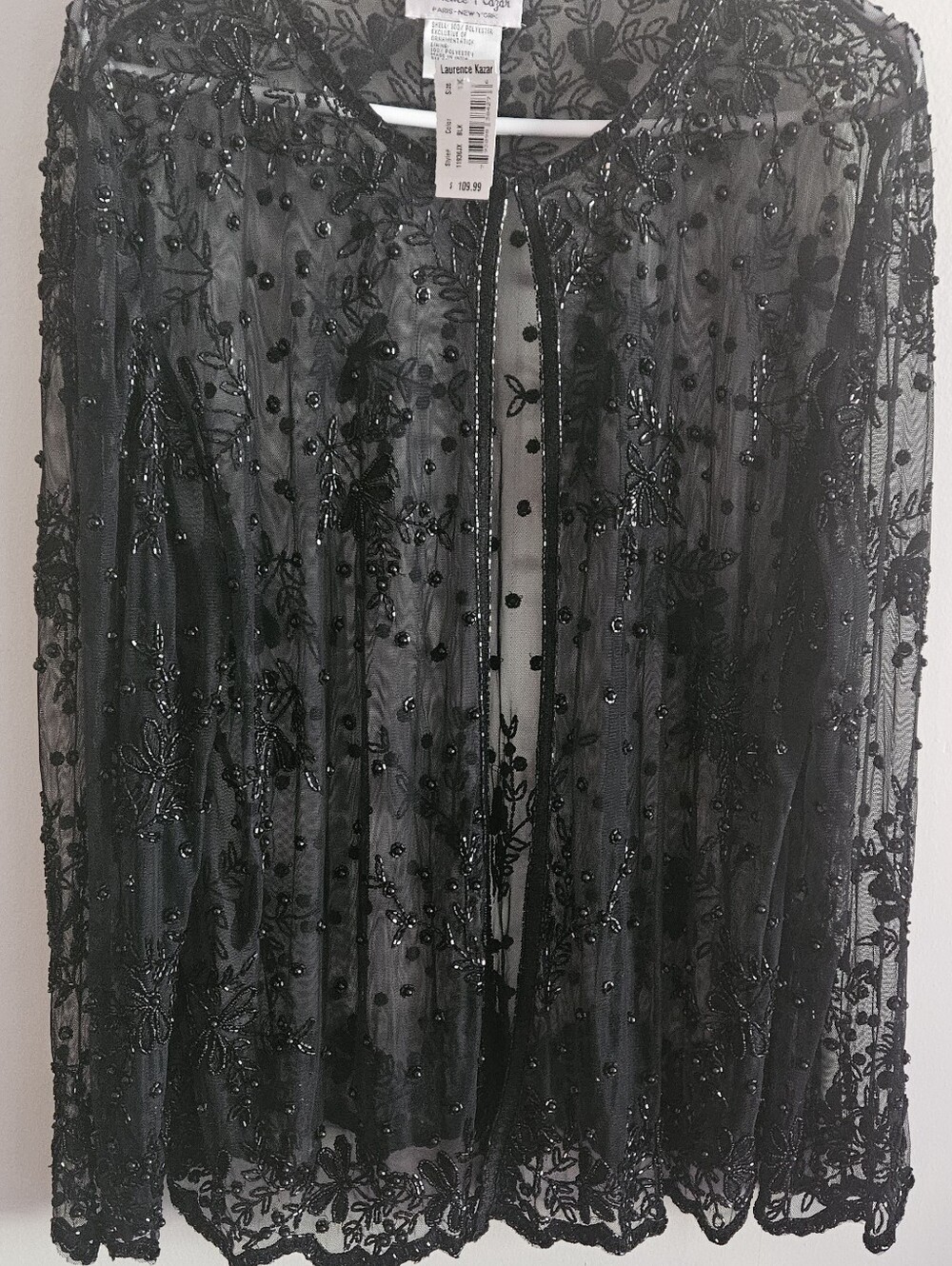 Laurence Kazar Vintage Black Floral Beaded Cardigan. Sheer Mesh Bolero Shrug